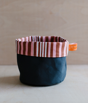 Fabric Storage Pot - Graphite Dry Wax - pink + brown stripe