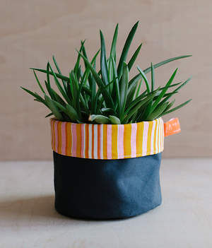 Fabric Storage Pot - Graphite Dry Wax - pink + mustard stripe