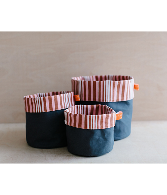 Fabric Storage Pot - Graphite Dry Wax - pink + brown stripe