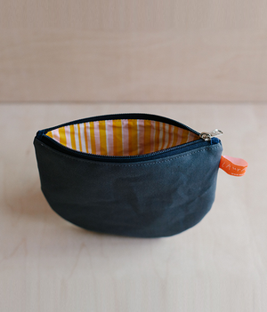 Make Up Pouch - Graphite Grey Dry Wax Cotton with a Pink/Mustard lining